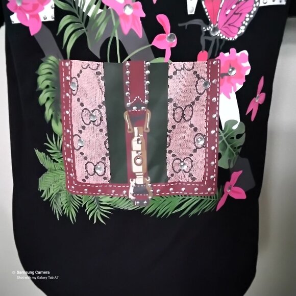 More Love & Lace Black Short Eyelet Lace Sleeve Floral Print Top NWT Size Small - Picture 6 of 13